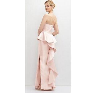 Strapless Blush Satin Dress w Cascade Ruffle & Peplum Detail